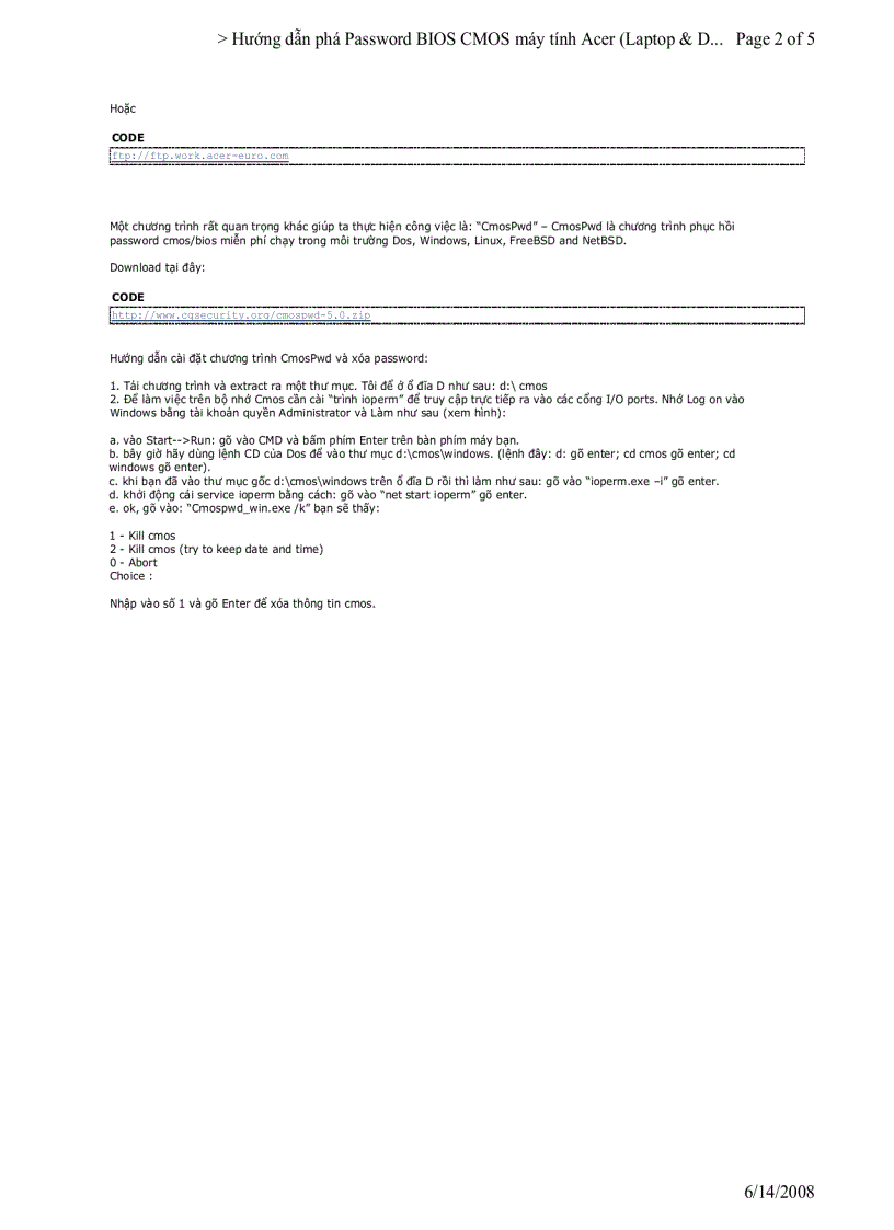 image for page Hướng dẫn phá password BIOS CMOS Acer
