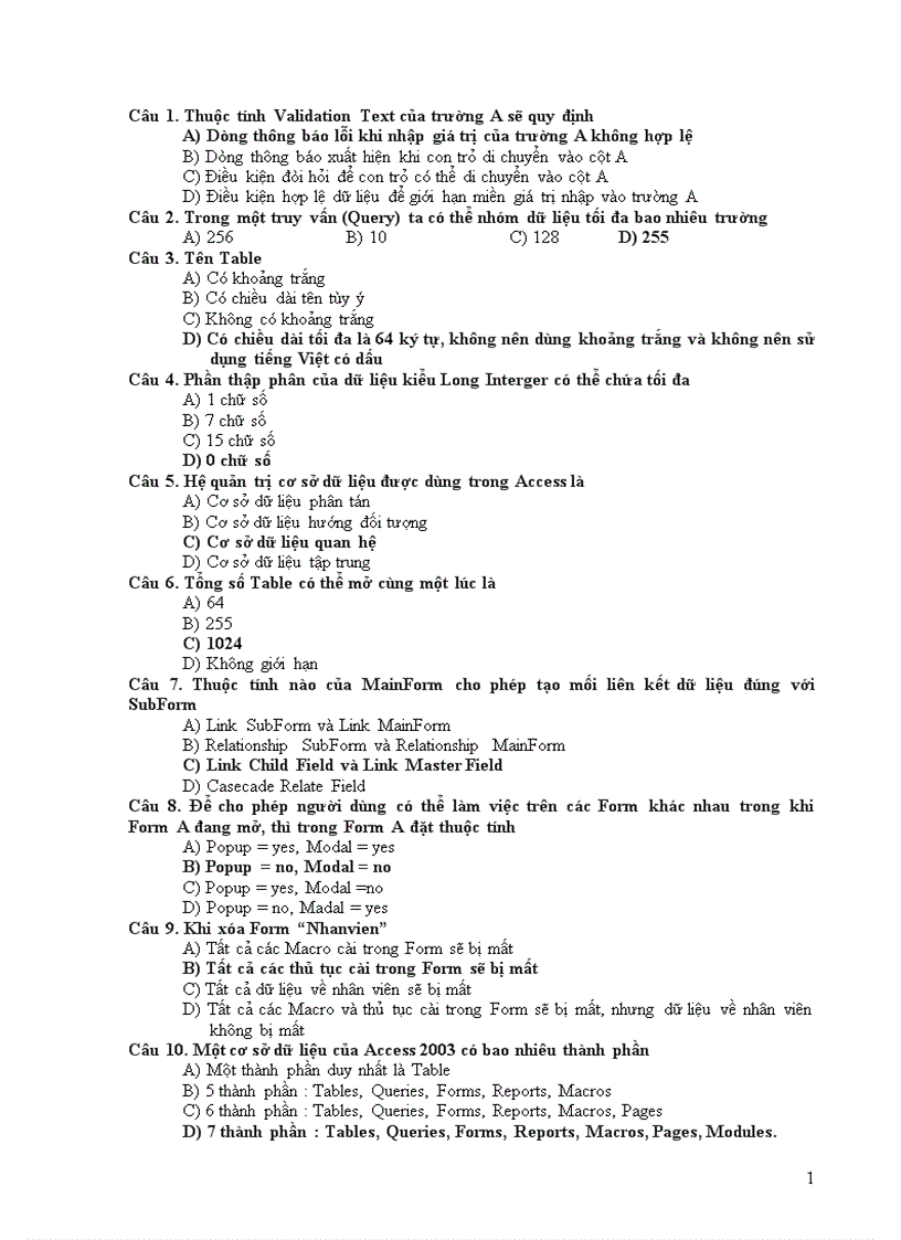 image for page Câu hỏi trắc nghiệm Microsoft Access