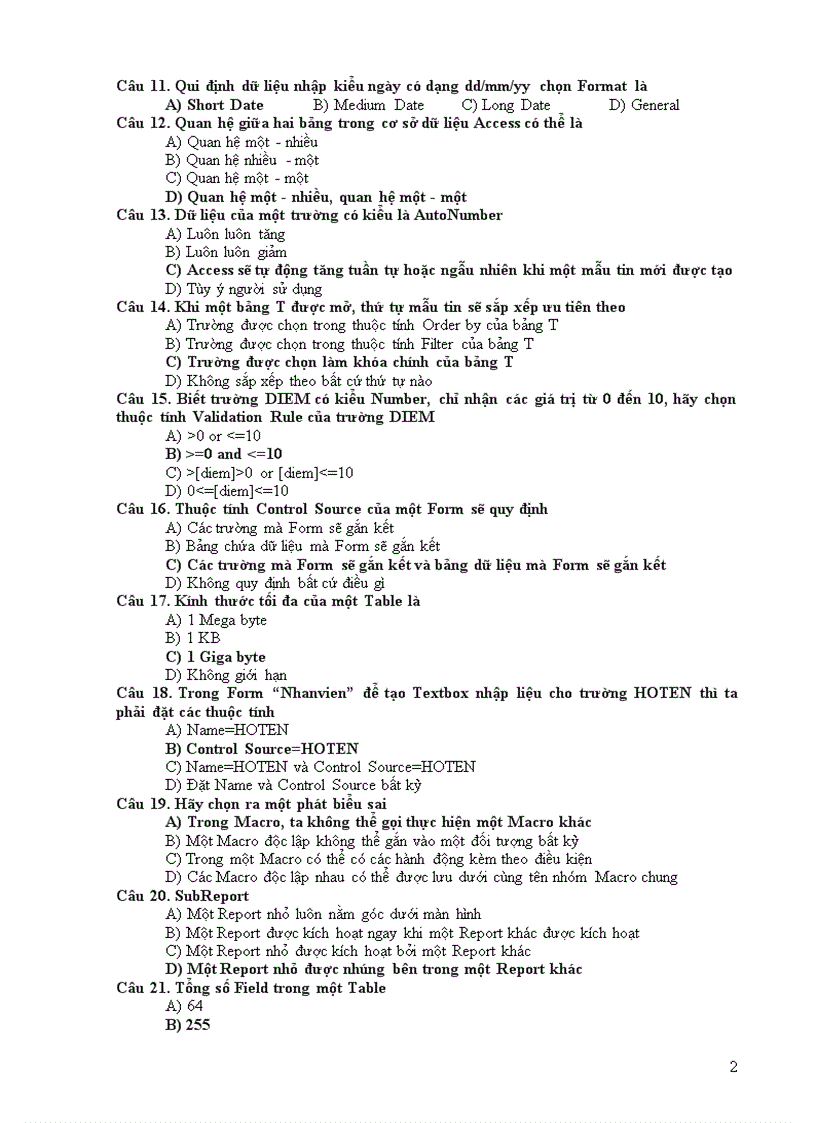 image for page Câu hỏi trắc nghiệm Microsoft Access
