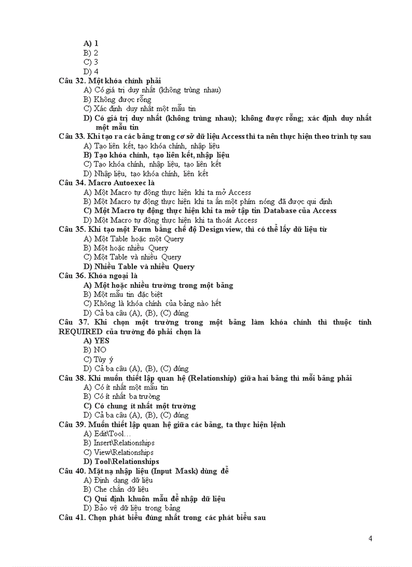 image for page Câu hỏi trắc nghiệm Microsoft Access