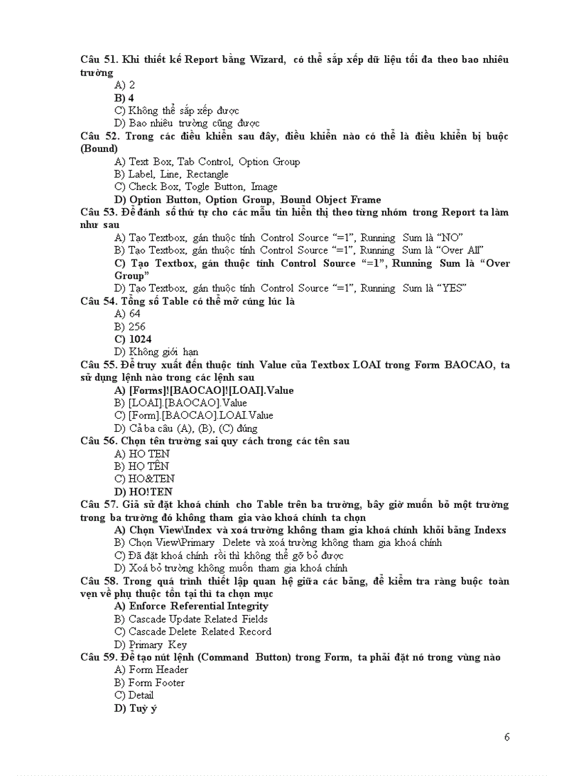 image for page Câu hỏi trắc nghiệm Microsoft Access