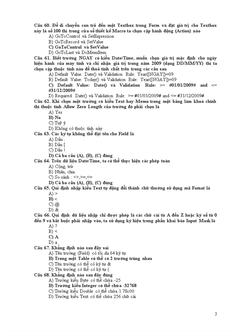 image for page Câu hỏi trắc nghiệm Microsoft Access