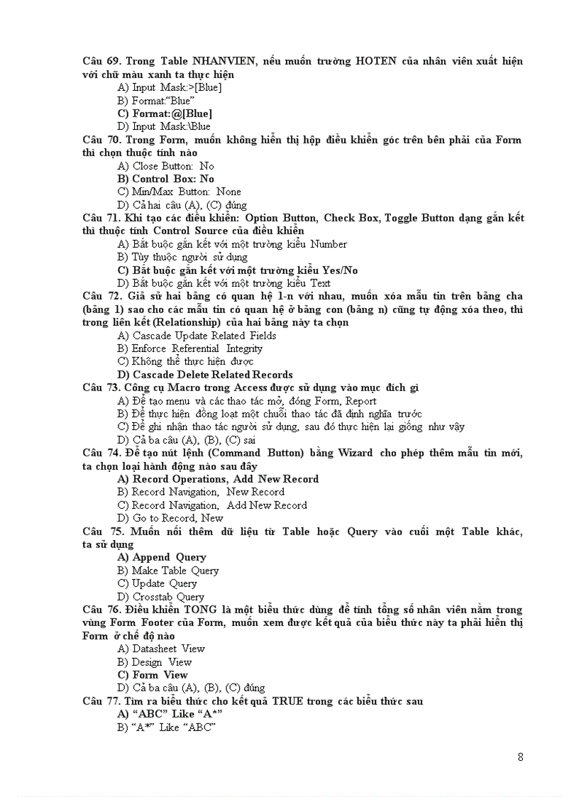 image for page Câu hỏi trắc nghiệm Microsoft Access