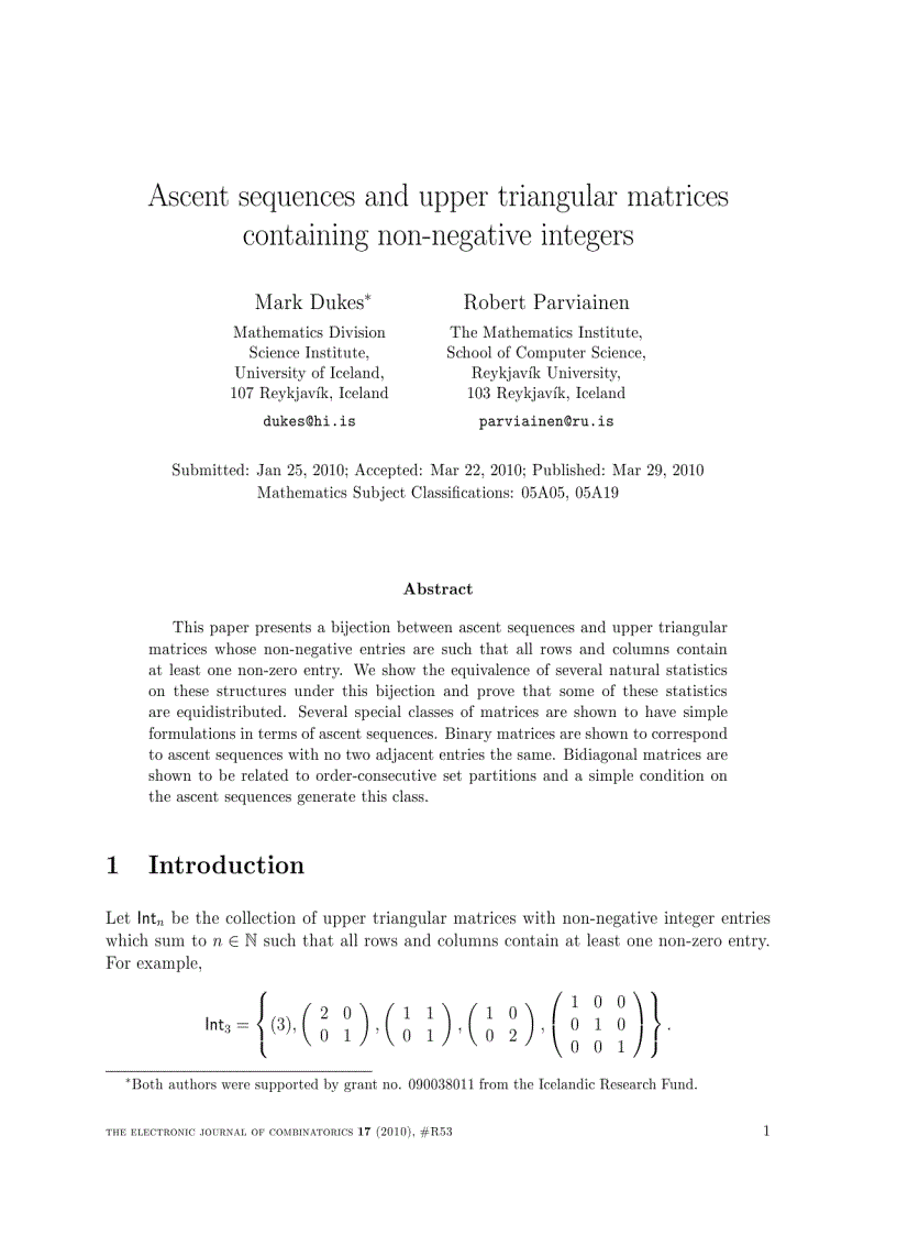 image for page Ascent sequences and upper triangular matrices containing non negative integers