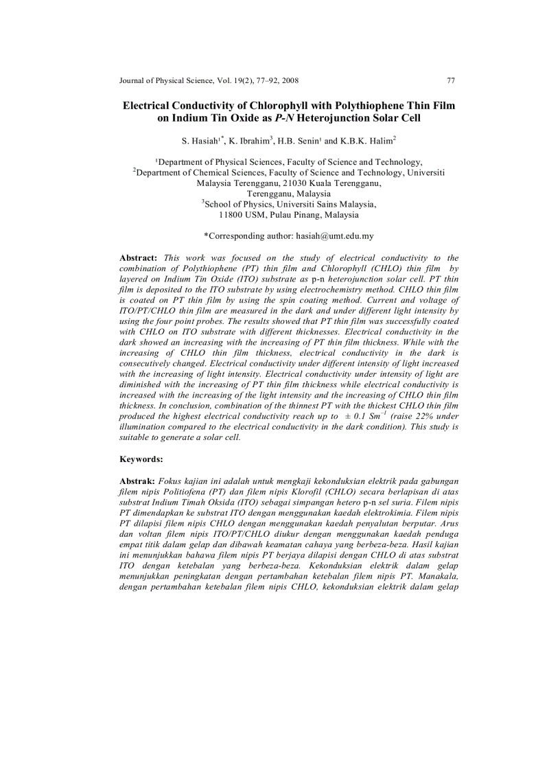 image for page Electrical Conductivity of Chlorophyll with Polythiophene Thin Film on Indium Tin Oxide as P N Heterojunction Solar Cell