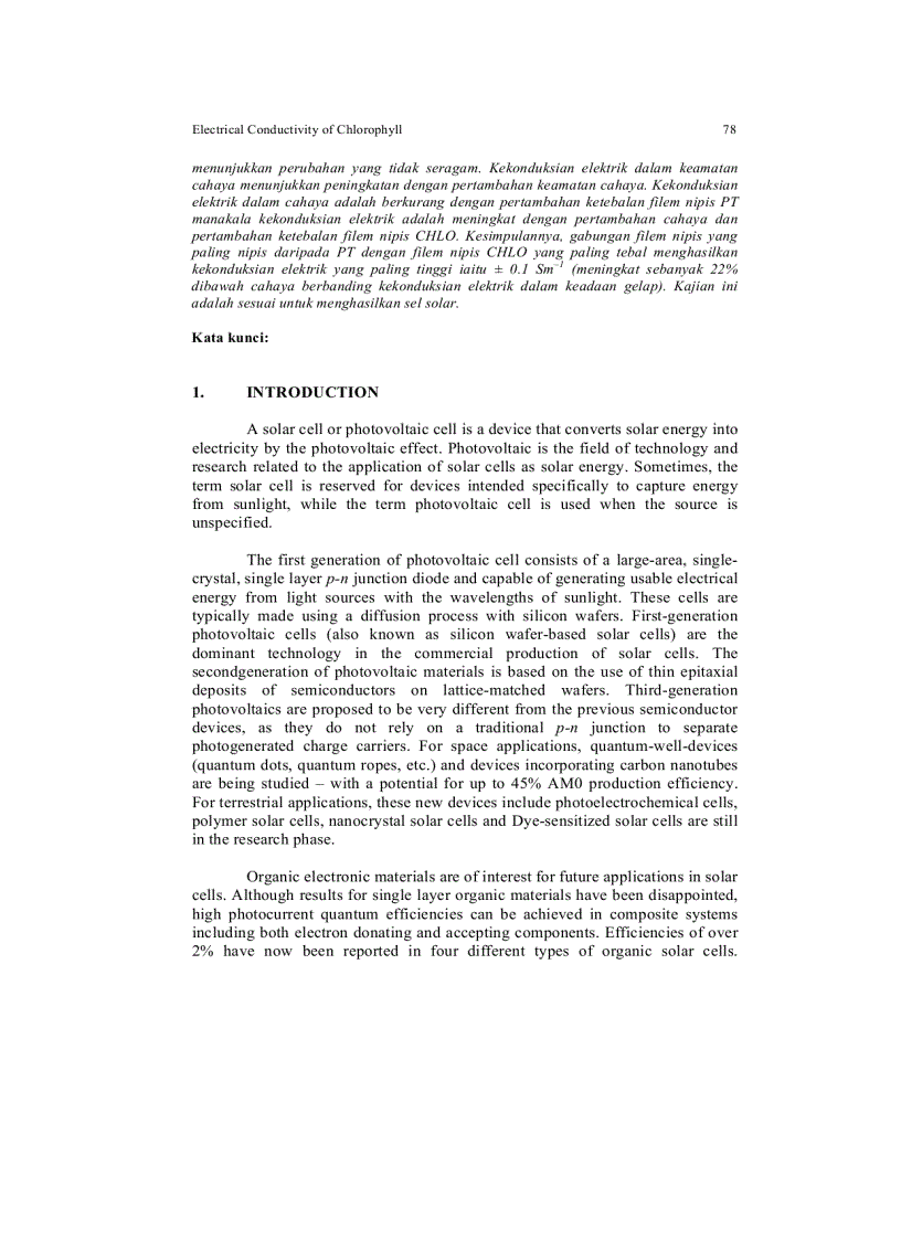 image for page Electrical Conductivity of Chlorophyll with Polythiophene Thin Film on Indium Tin Oxide as P N Heterojunction Solar Cell