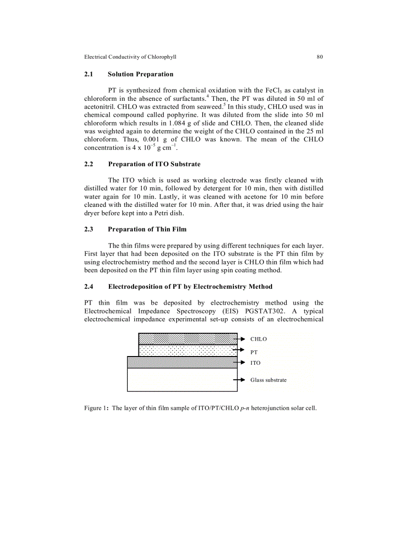 image for page Electrical Conductivity of Chlorophyll with Polythiophene Thin Film on Indium Tin Oxide as P N Heterojunction Solar Cell