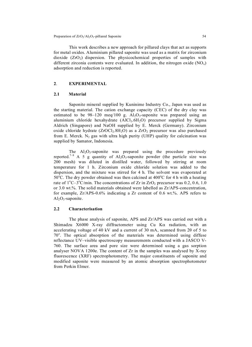 image for page Preparation of ZrO2 Al2O3 pillared Saponite and Its Spectroscopic Investigation on NOX Adsorption