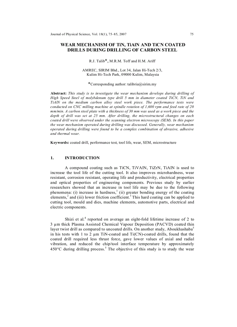 image for page WEAR MECHANISM OF TiN TiAlN AND TiCN COATED DRILLS DURING DRILLING OF CARBON STEEL