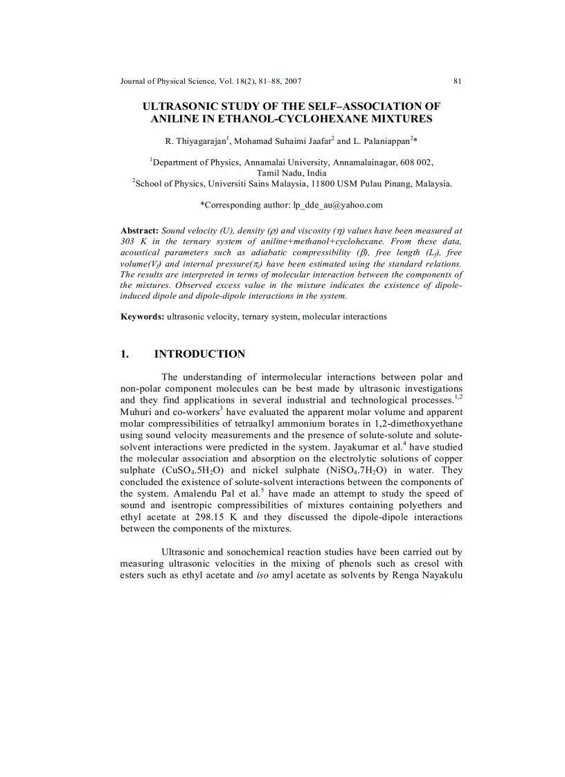 image for page Ultrasonic study of the self association of aniline in ethanol cyclohexane mixtures