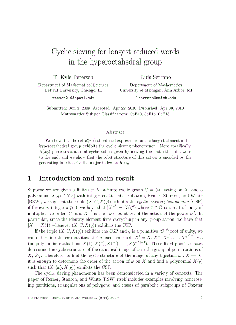 image for page Cyclic sieving for longest reduced words in the hyperoctahedral group
