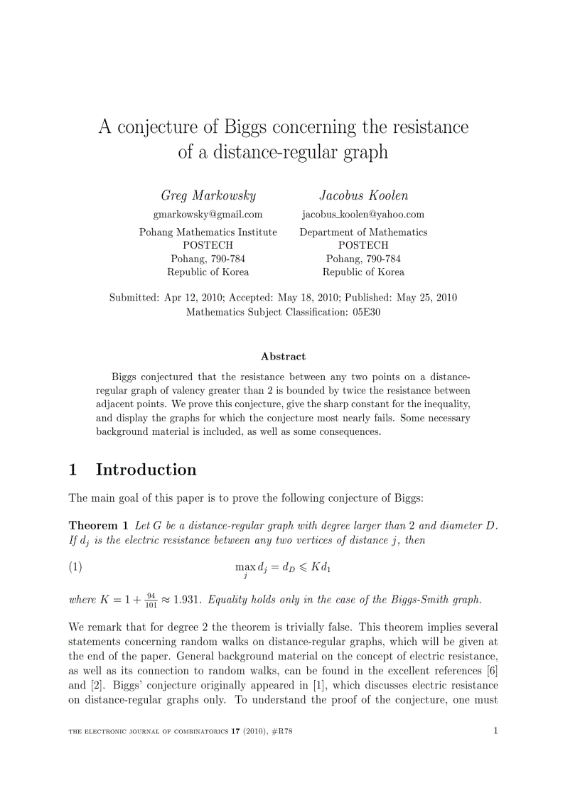 image for page A conjecture of Biggs concerning the resistance of a distance regular graph