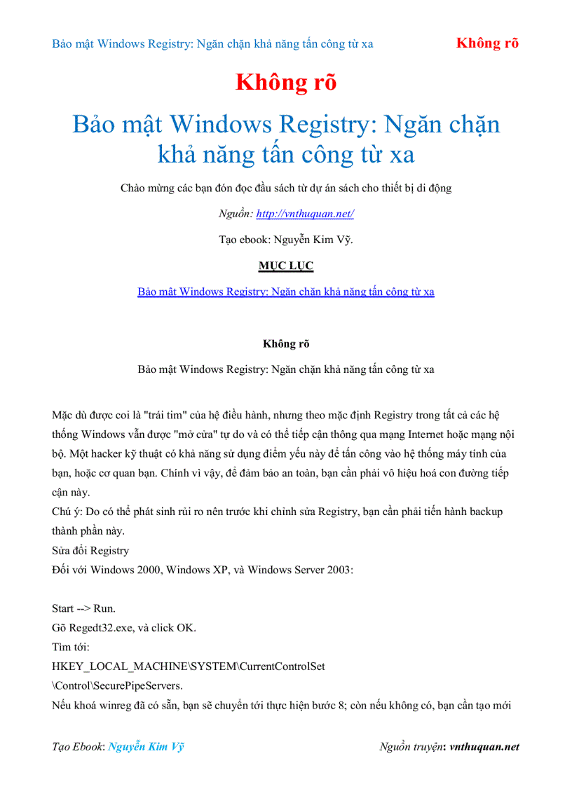 image for page Ebook Bảo mật Windows Registry Ngăn chặn khả năng tấn công từ xa Không rõ