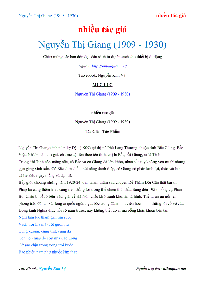 Ebook Nguyễn Thị Giang 1909 1930 nhiều tác giả
