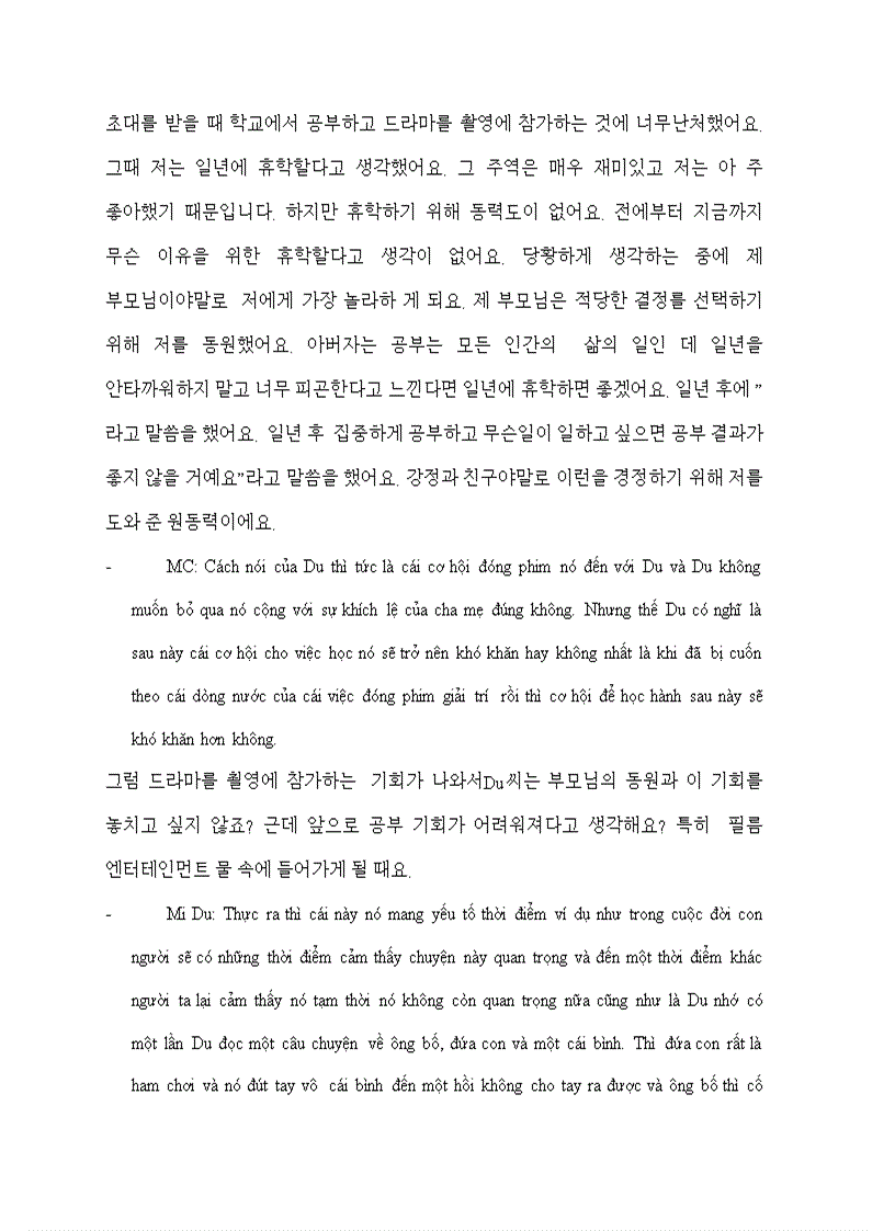 image for page Dịch một đoạn hội thoại của diễn viên MI DU sang tiếng Hàn