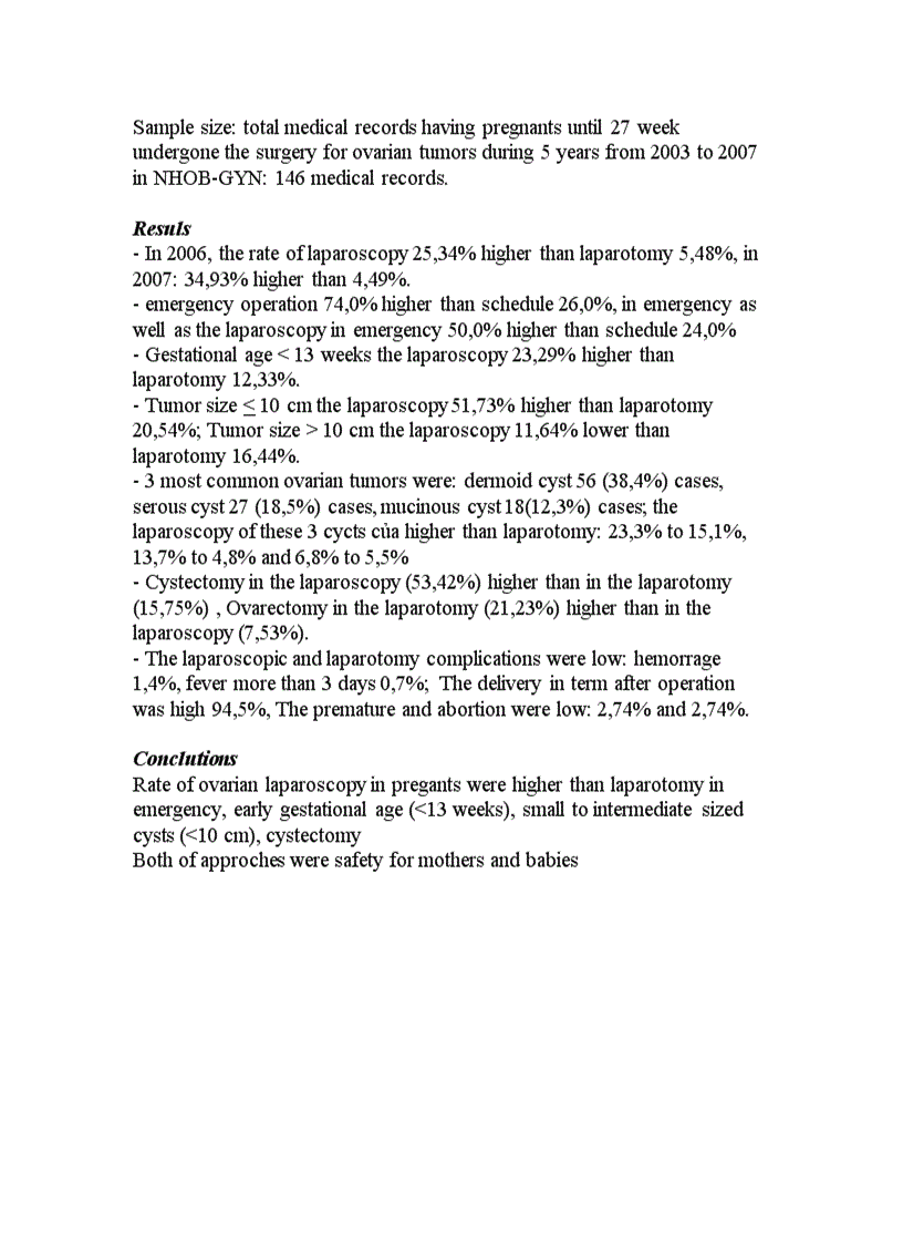image for page Tình hình phẫu thuật nội soi và mở bụng đối với u buồng trứng ở phụ nữ có thai tại Bệnh viện Phụ sản trung ương từ năm 2003 đến 2007