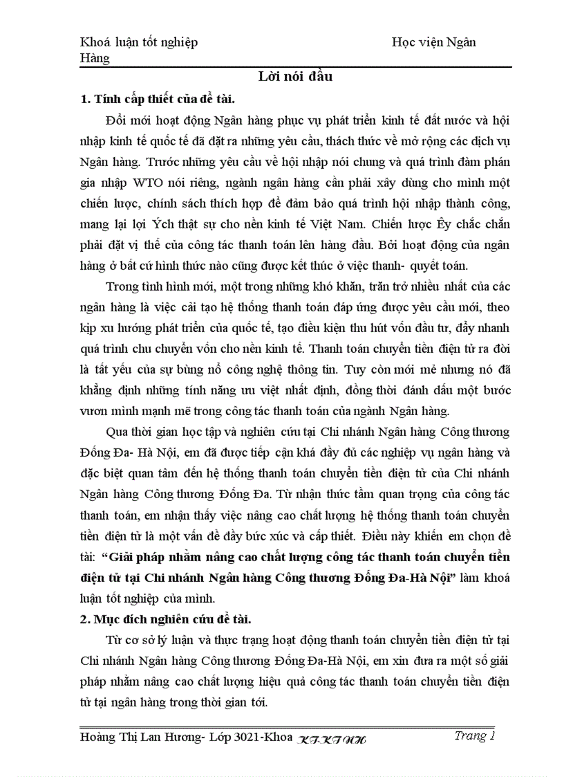 Giải pháp nhằm nâng cao chất lượng công tác thanh toán chuyển tiền điện tử tại Chi nhánh Ngân hàng Công thương Đống Đa Hà Nội