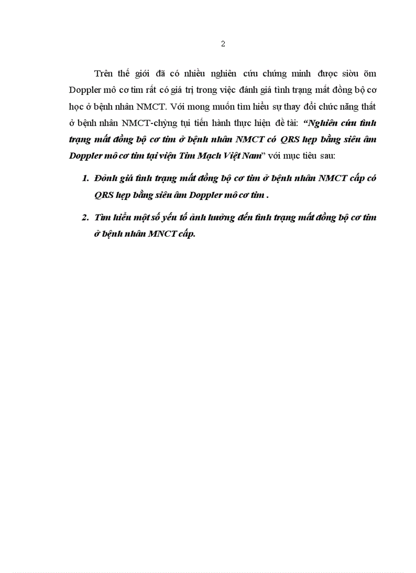 Nghiên cứu tình trạng mất đồng bộ cơ tim ở bệnh nhân NMCT có QRS hẹp bằng siêu âm Doppler mô cơ tim tại viện Tim Mạch Việt Nam 3