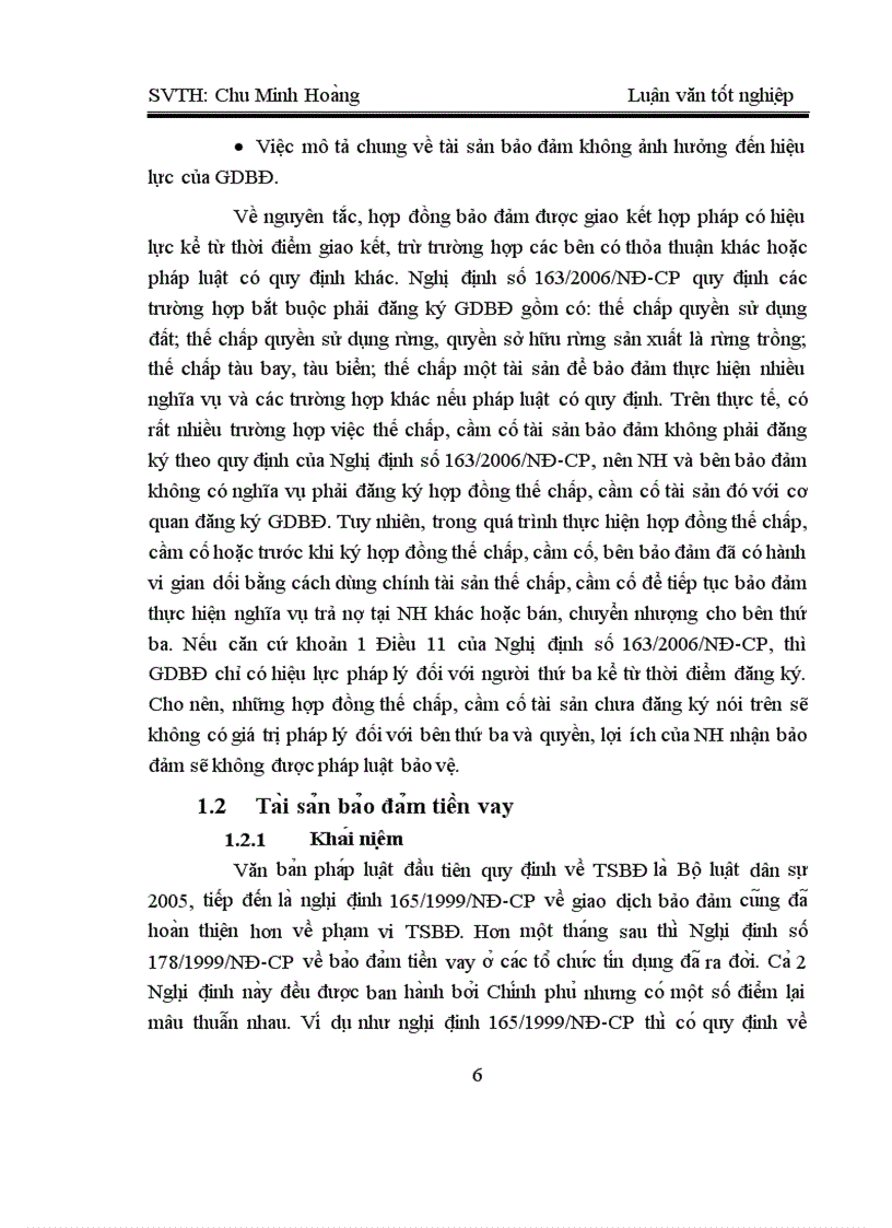 Thực trạng áp dụng pháp luật các biện pháp bảo đảm tiền vay trong ngân hàng công thương chi nhánh 6