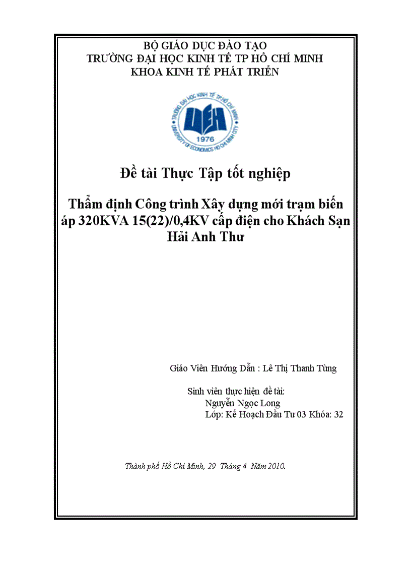 Thẩm định Công trình Xây dựng mới trạm biến áp 320KVA 15 22 0 4KV cấp điện cho Khách Sạn Hải Anh Thư