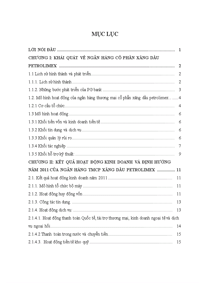 Kết quả hoạt động kinh doanh và định hương năm 2011 của ngân hàng tmcp xăng dầu PETROLIMEX