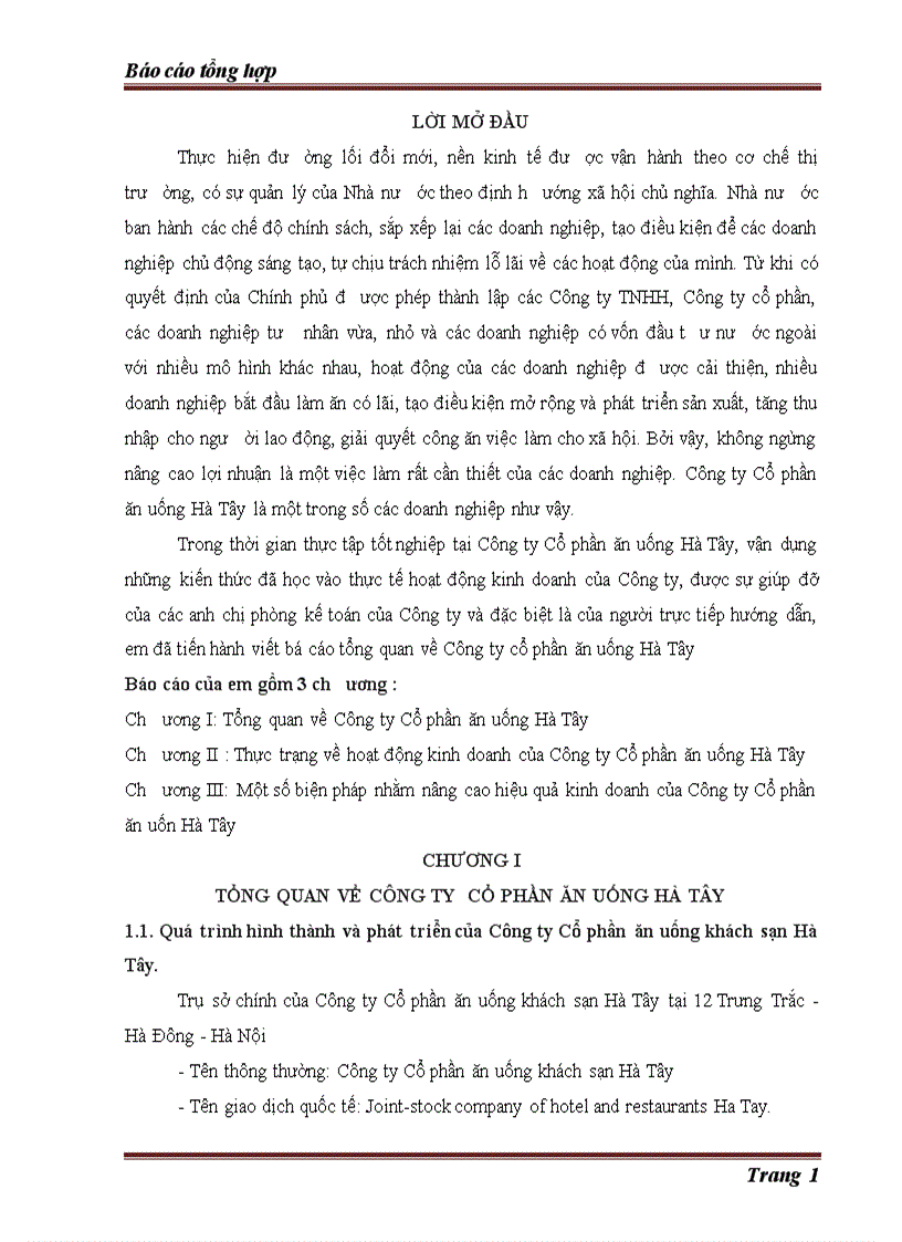 image for page Thực trạng về hoạt động kinh doanh của Công ty Cổ phần ăn uống Hà Tây