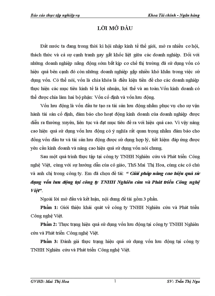 Giải pháp nâng cao hiệu quả sử dụng vốn lưu động tại công ty TNHH Nghiên cứu và Phát triển Công nghệ Việt