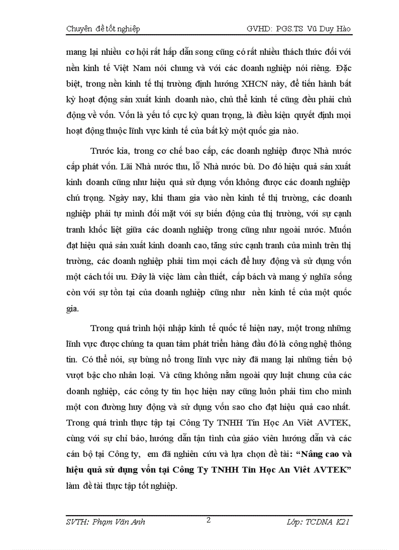 Nâng cao và hiệu quả sử dụng vốn tại Công Ty TNHH Tin Học An Viêt AVTEK
