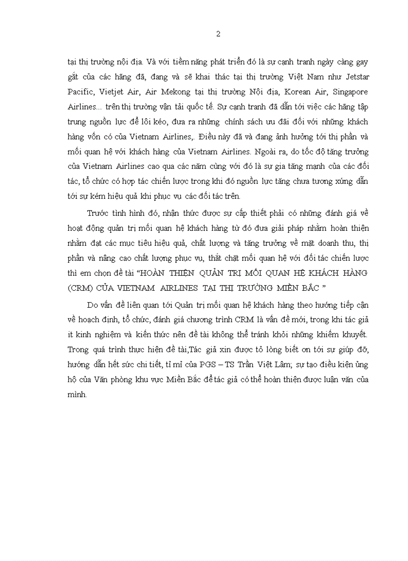 Hoàn thiện quản trị mối quan hệ khách hàng CRM CỦA VIETNAM AIRLINES tại thị trường miền Bắc