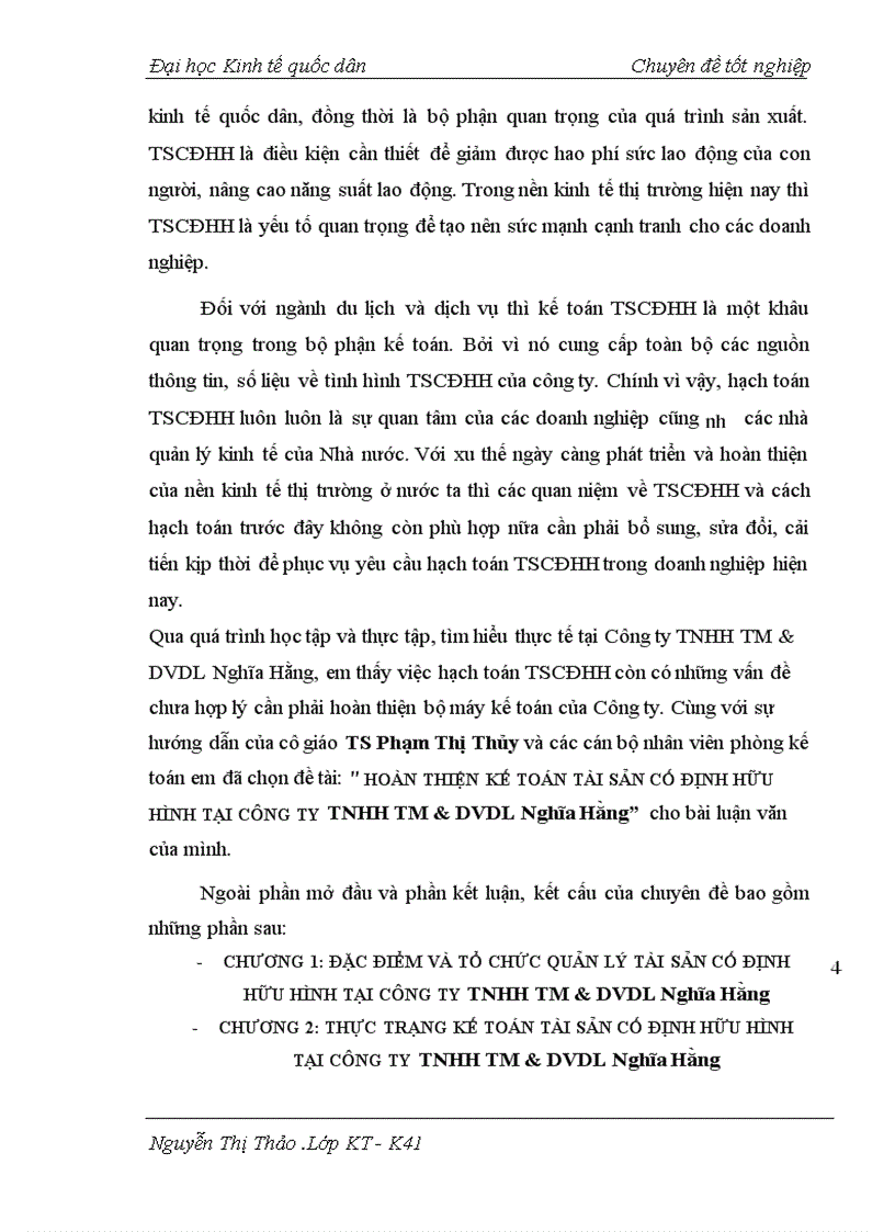 Hoàn thiện kế toán tài sản cố định hữu hình tại công ty tnhh tm dvdl Nghĩa Hằng