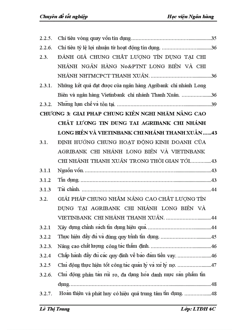 Nâng cao chất lượng tín dụng nhằm tăng cường năng lực canh tranh tại Agribank chi nhánh Long Biên và Vietinbank chi nhánh Thanh Xuân