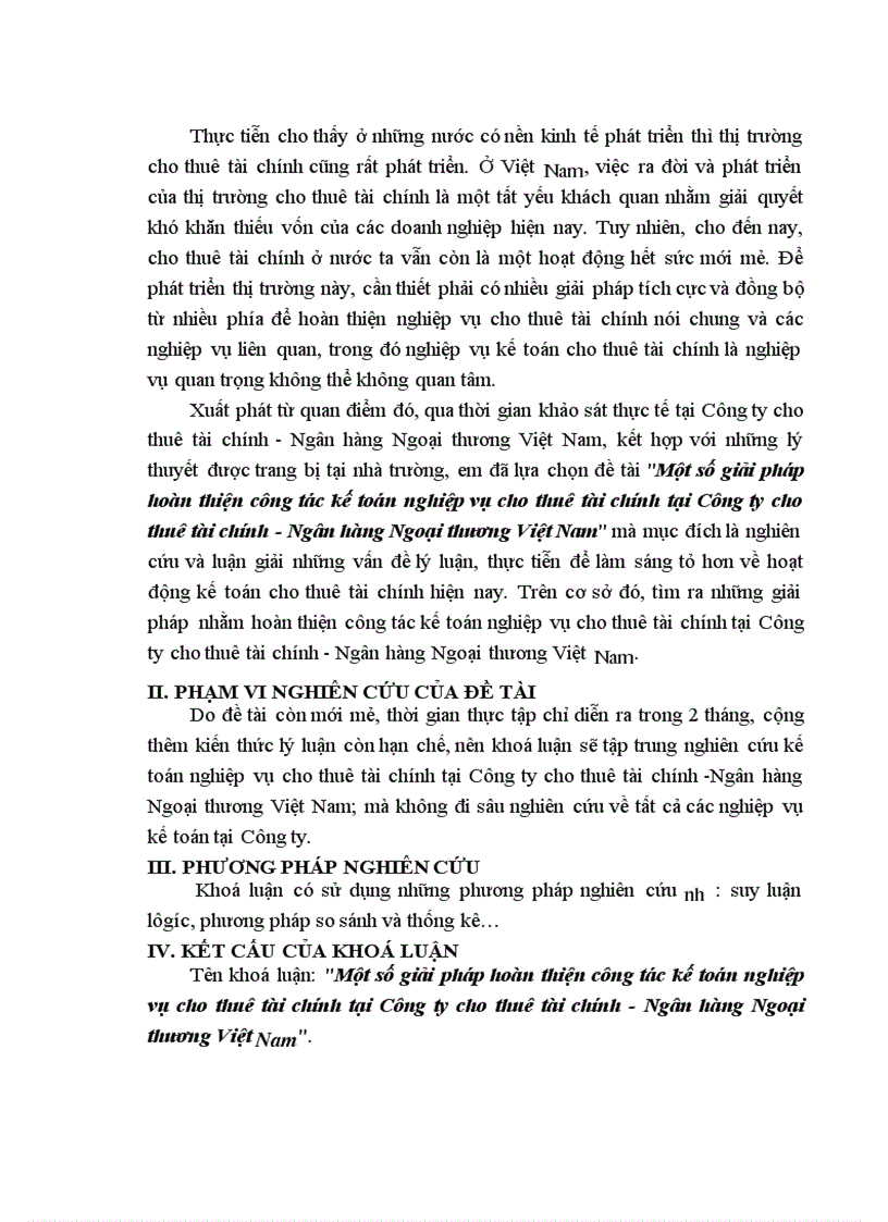 Một số giải pháp hoàn thiện công tác kế toán nghiệp vụ cho thuê tài chính tại Công ty cho thuê tài chính Ngân hàng Ngoại thương Việt Nam