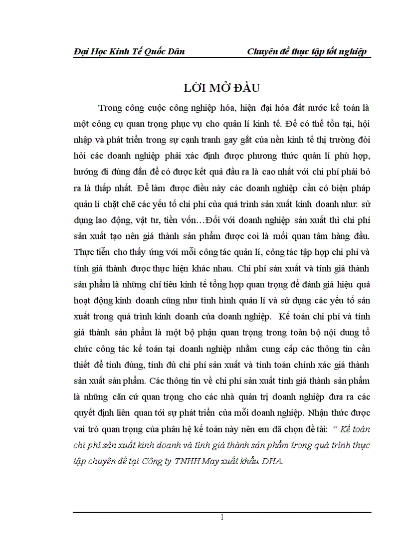 Kế toán chi phí sản xuất kinh doanh và tính giá thành sản phẩm trong quá trình thực tập chuyên đề tại Công ty TNHH May xuất khẩu DHA