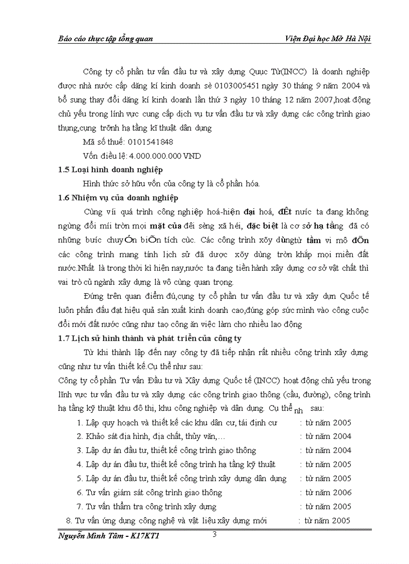 Báo cáo thực tập tổng quan tại công ty cổ phần tư vấn đầu tư và xây dựng Quốc tế
