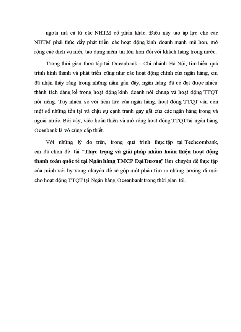 Thực trạng và giải pháp nhằm hoàn thiện hoạt động thanh toán quốc tế tại Ngân hàng TMCP Đại Dương