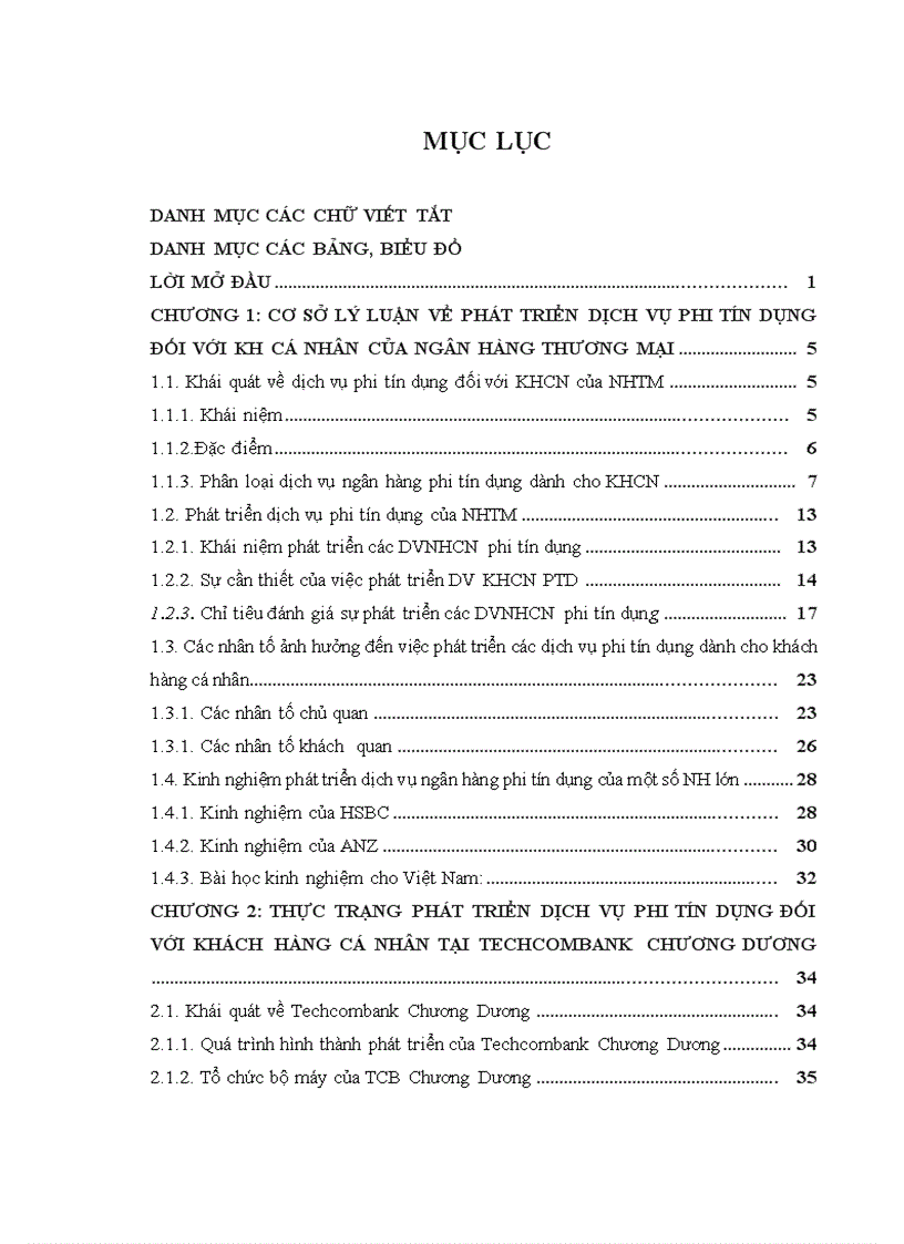 Phát triển dịch vụ ngân hàng phi tín dụng đối với khách hàng cá nhân tại Ngân Hàng Kỹ Thương Việt Nam chi nhánh Chương Dương 1