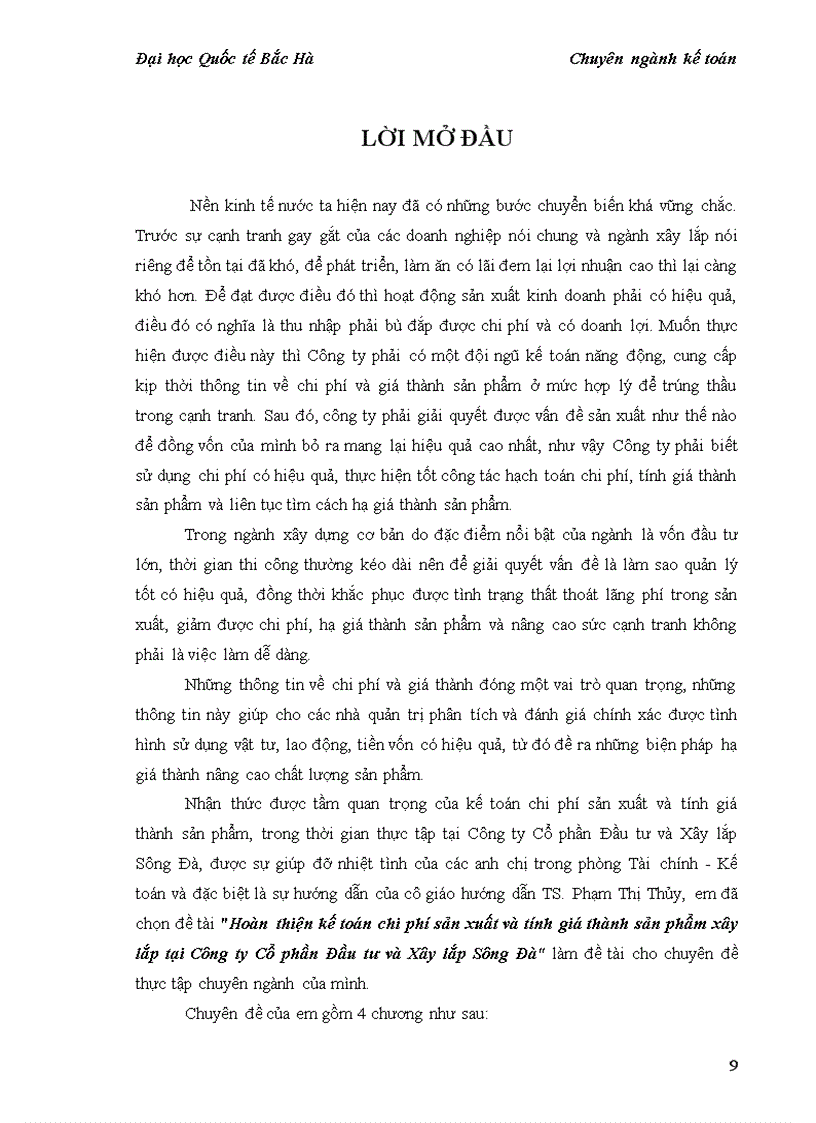 image for page Hoàn thiện kế toán chi phí và tính giá thành sản phẩm xây lắp tại công ty cổ phần đầu tư và xây lắp sông đà