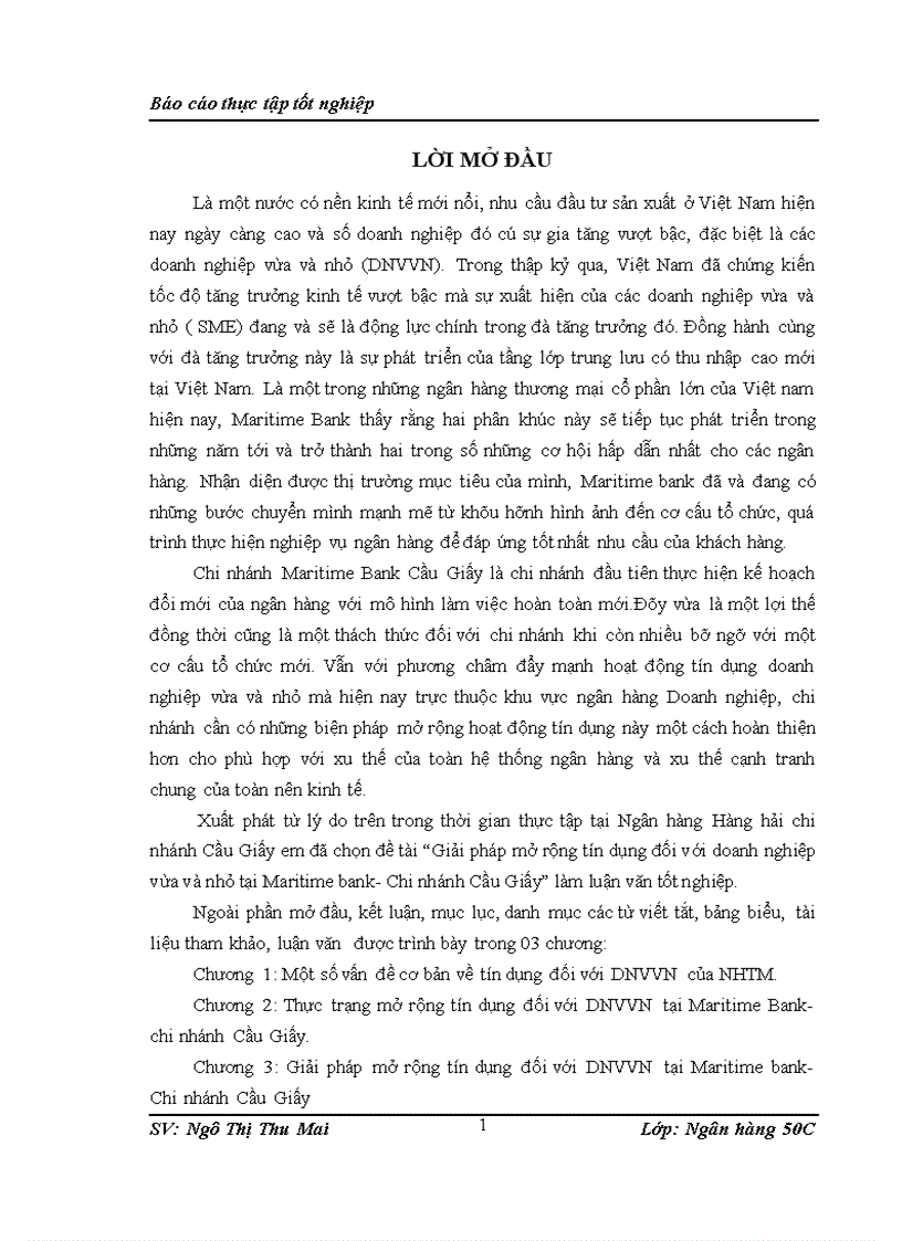 Giải pháp mở rộng tín dụng đối với doanh nghiệp vừa và nhỏ tại Maritime bank Chi nhánh Cầu Giấy