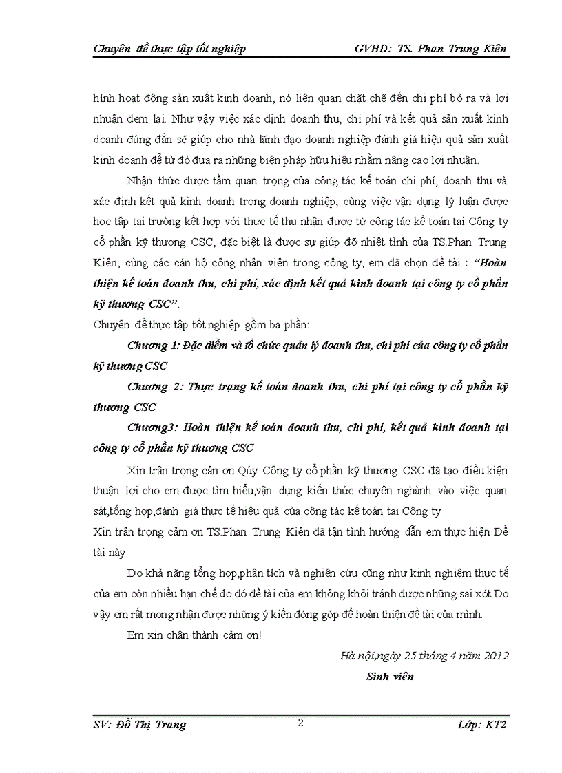 Hoàn thiện kế toán doanh thu chi phí xác định kết quả kinh doanh tại công ty cổ phần kỹ thương CSC