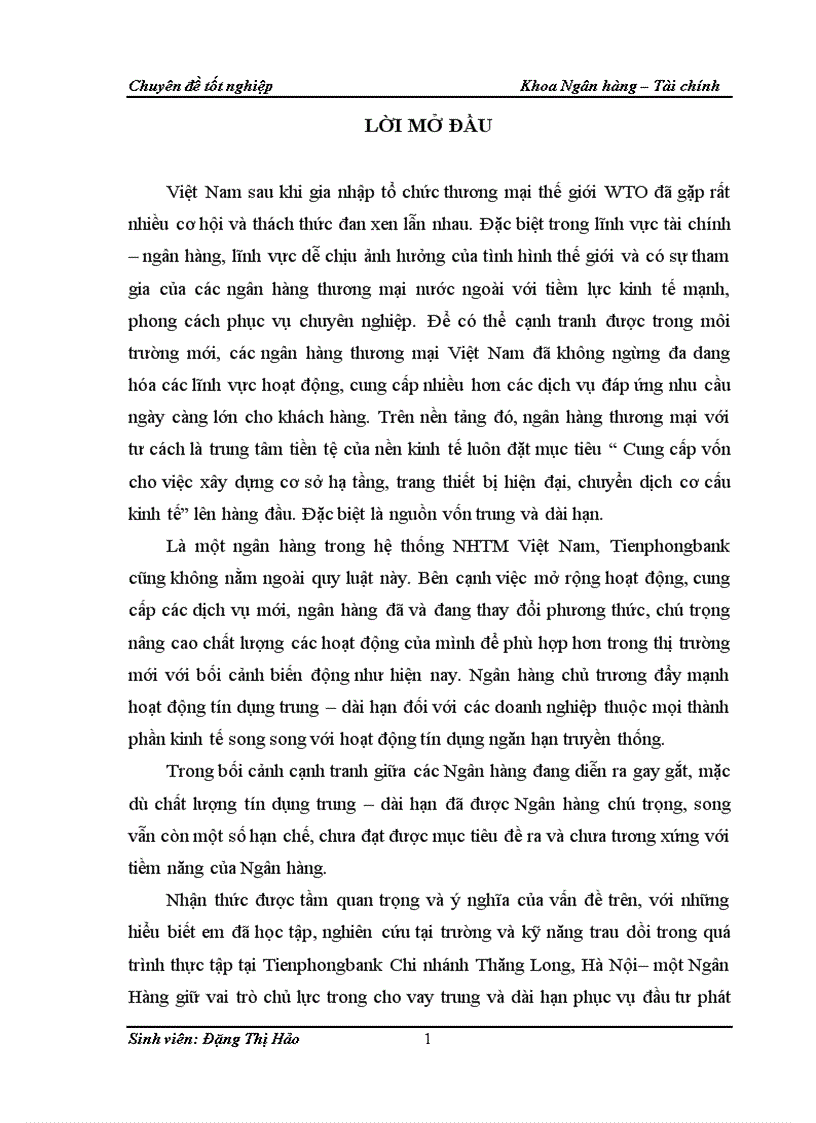 Giải pháp nâng cao chất lượng tín dụng trung và dài hạn tại Tienphongbank Chi nhánh Thăng Long Hà Nội 1