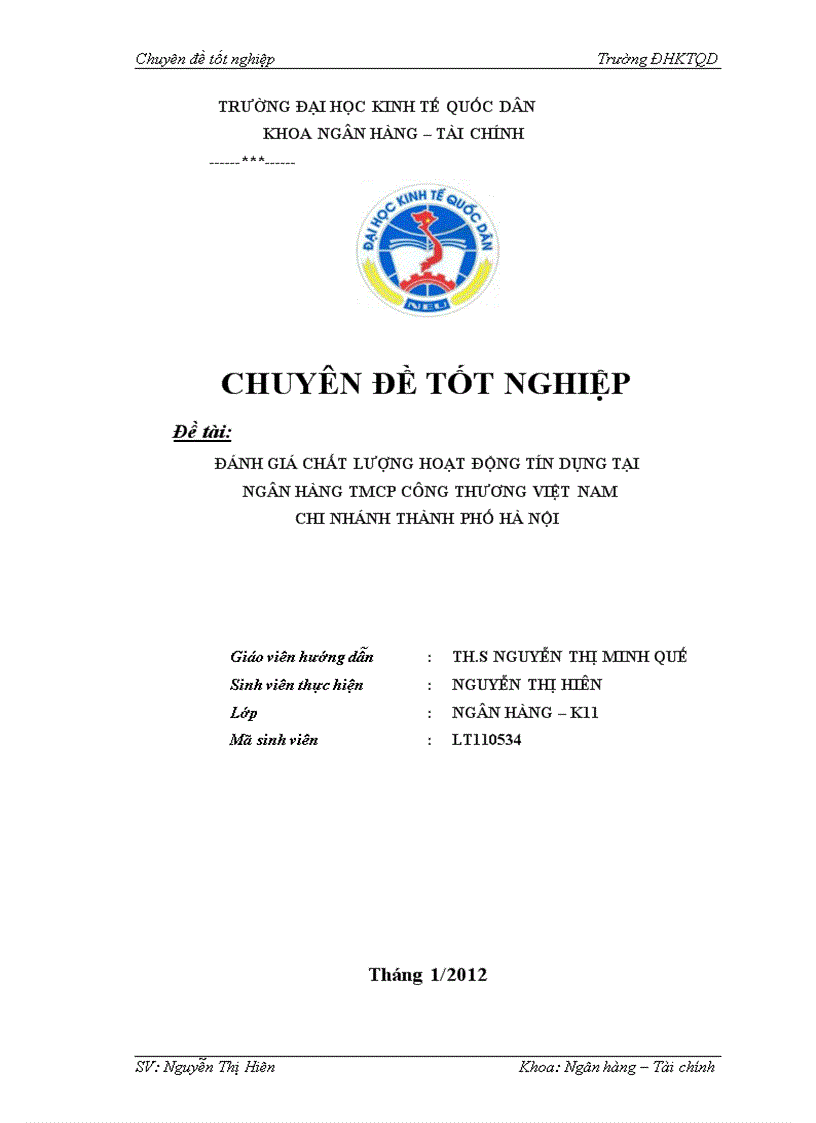 Đánh giá chất lượng hoạt động tín dụng tại Ngân hàng TMCP Công Thương Chi nhánh Thành phố Hà Nội 3
