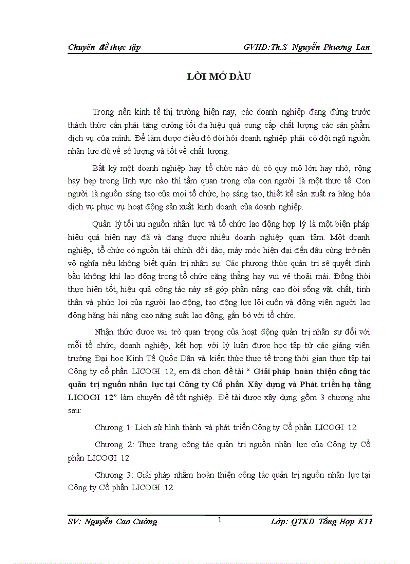 Giải pháp hoàn thiện công tác quản trị nguồn nhân lực tại Công ty Cổ phần Xây dựng và Phát triển hạ tầng LICOGI 12