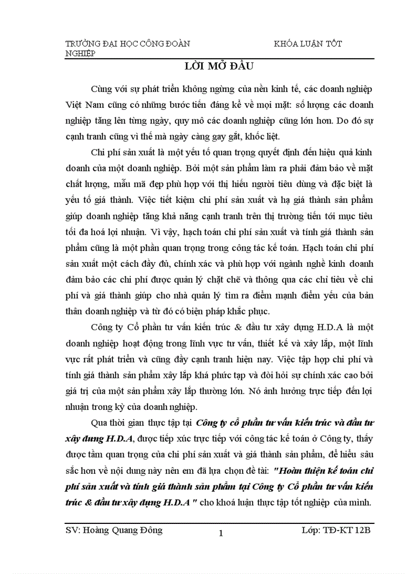 Hoàn thiện kế toán chi phí sản xuất và tính giá thành sản phẩm tại Công ty Cổ phần tư vấn kiến trúc đầu tư xây dựng H D A