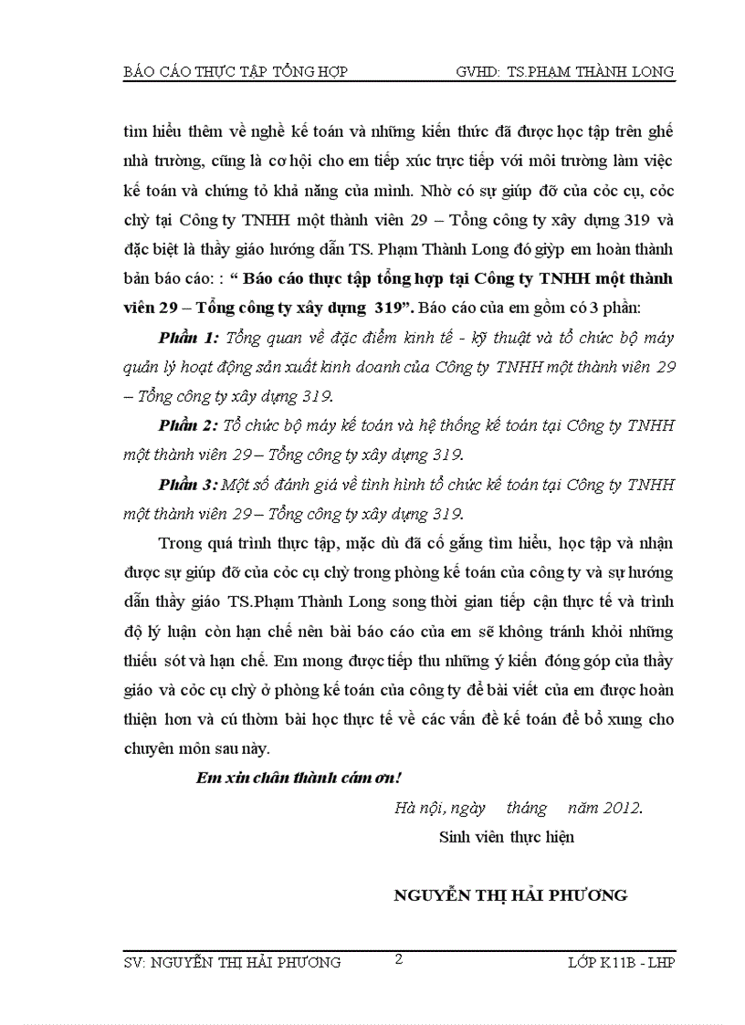 Báo cáo thực tập tổng hợp tại Công ty TNHH một thành viên 29 Tổng công ty xây dựng 319