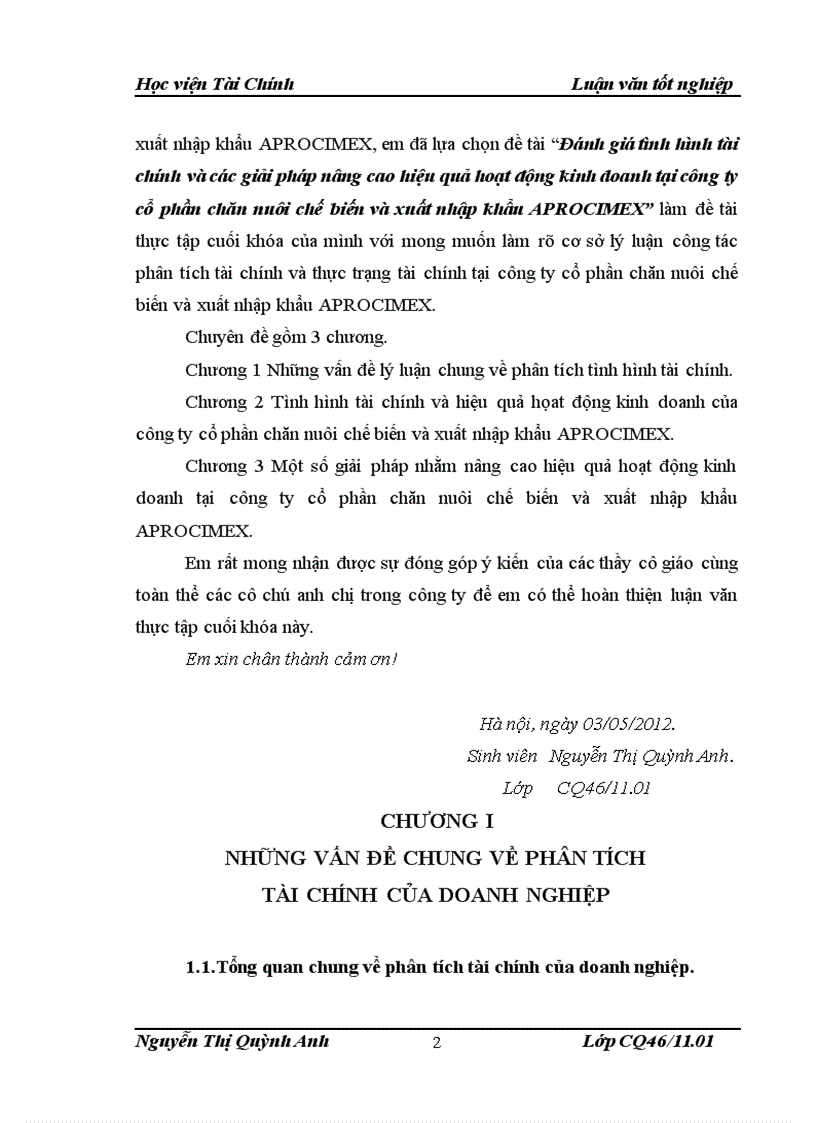 Đánh giá tình hình tài chính và các giải pháp nâng cao hiệu quả hoạt động kinh doanh tại công ty cổ phần chăn nuôi chế biến và xuất nhập khẩu APROCIMEX