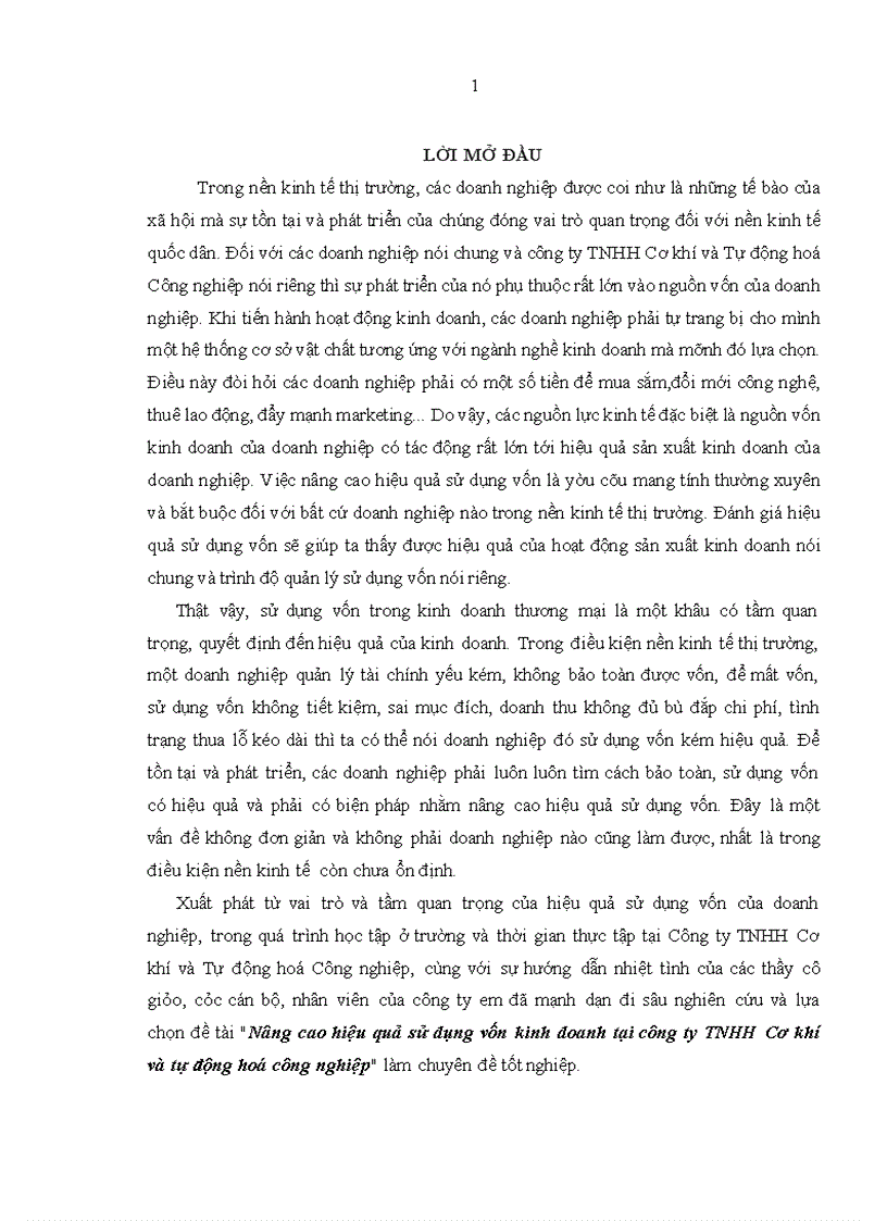 Nâng cao hiệu quả sử dụng vốn kinh doanh tại công ty TNHH Cơ khí và tự động hoá công nghiệp 1