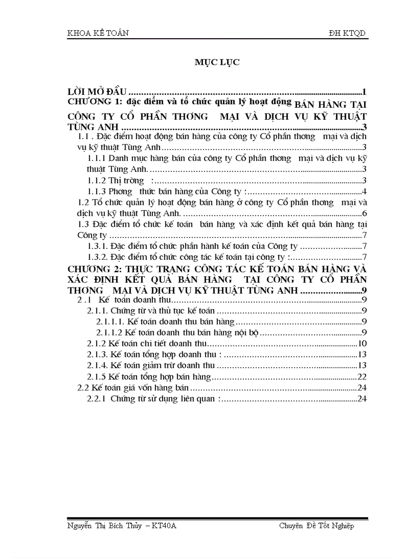 Hoàn thiện kế toán bán hàng và xác định kết quả bán hàng tại công ty cổ phần Thương mại và dịch vụ Kỹ thuật Tùng Anh