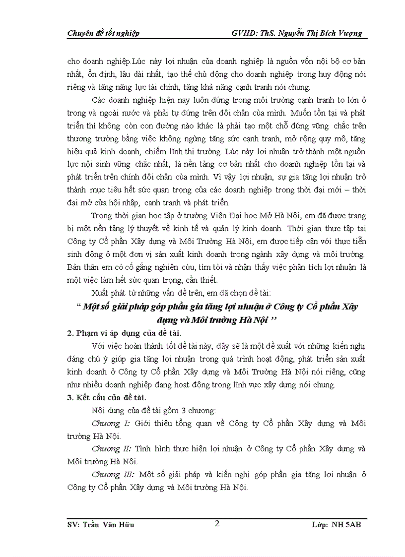 Một số giải pháp góp phần gia tăng lợi nhuận ở Công ty Cổ phần Xây dựng và Môi trường Hà Nội