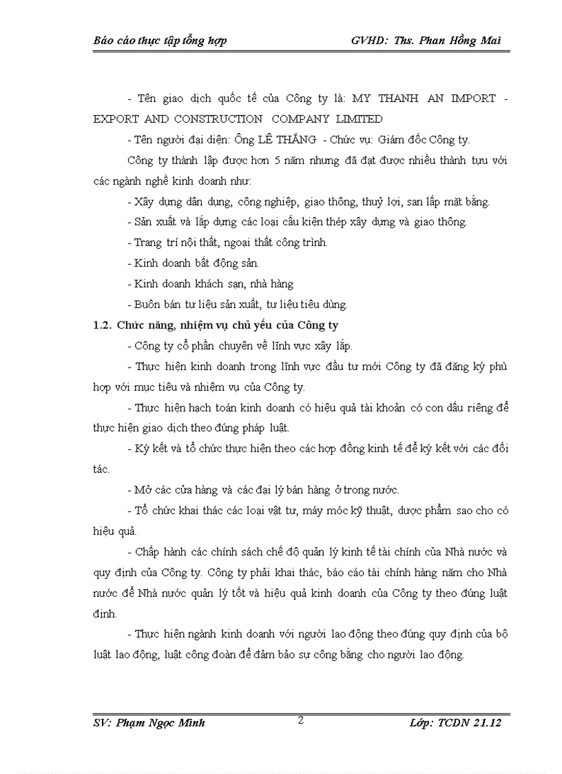 Tình hình hoạt động và định hướng phát triển Công ty TNHH xây dựng và xuất nhập khẩu Mỹ Thành An