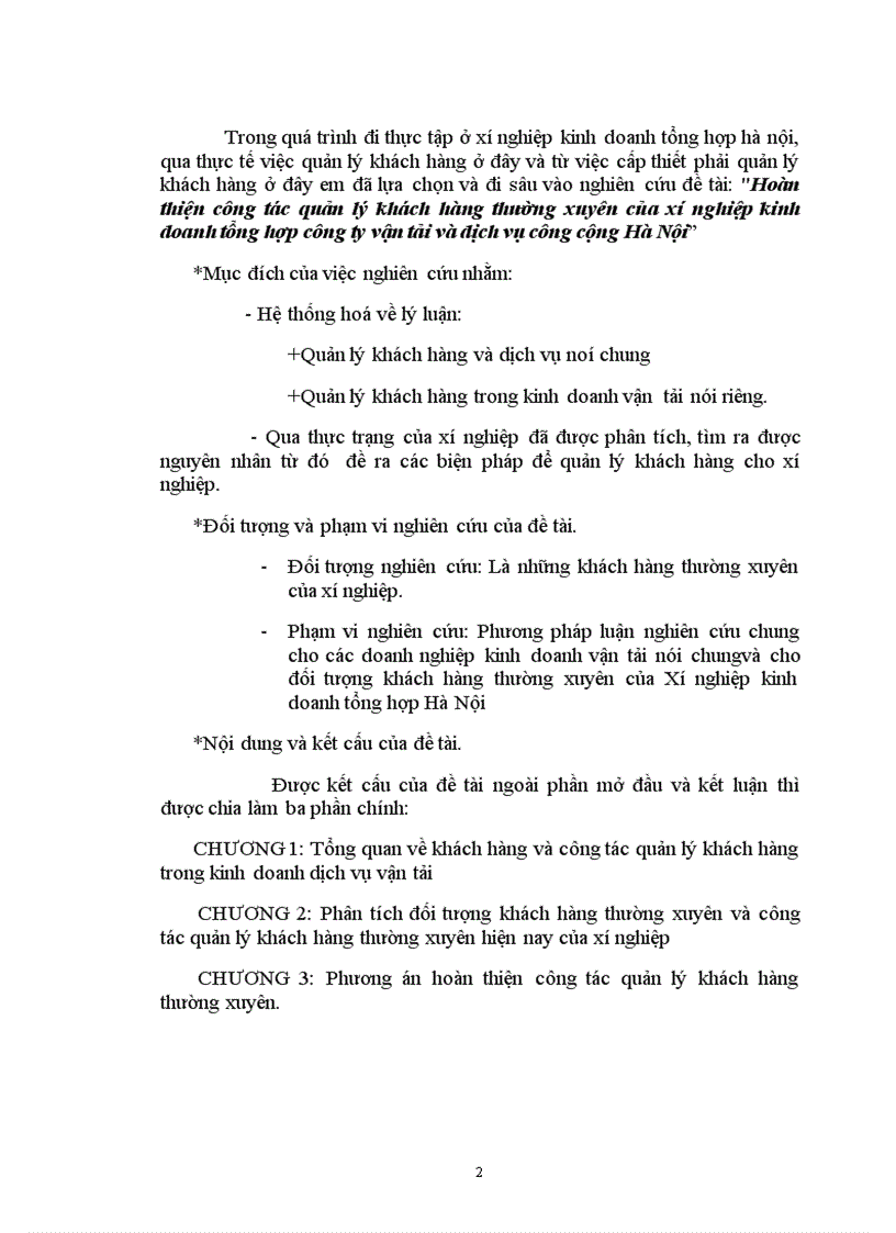 Hoàn thiện công tác quản lý khách hàng thường xuyên của xí nghiệp kinh doanh tổng hợp công ty vận tải và dịch vụ công cộng Hà Nội